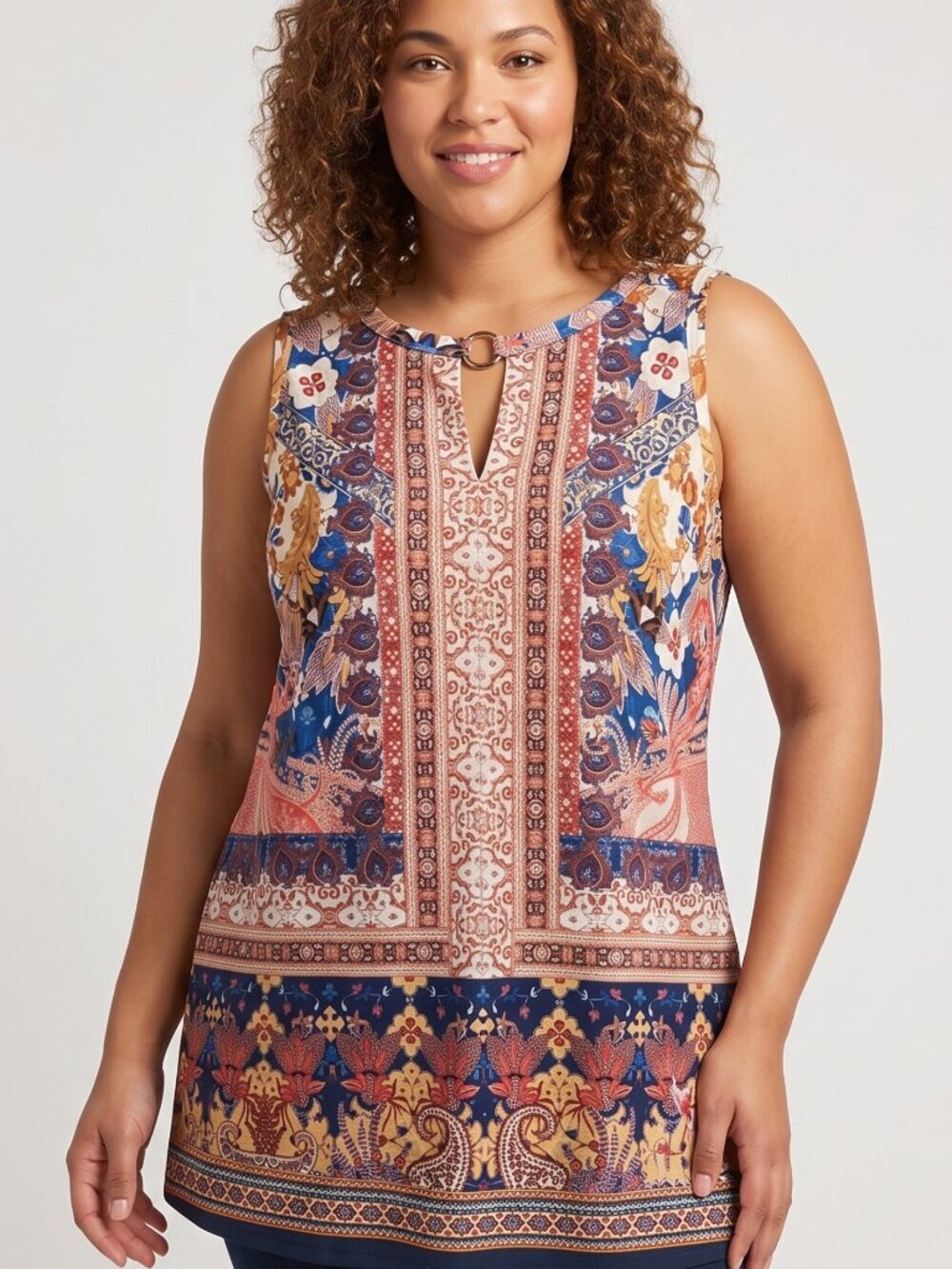 NWT | RIROW Boho Floral Patterned Tank Top | Gold Ring Keyhole | Size XL